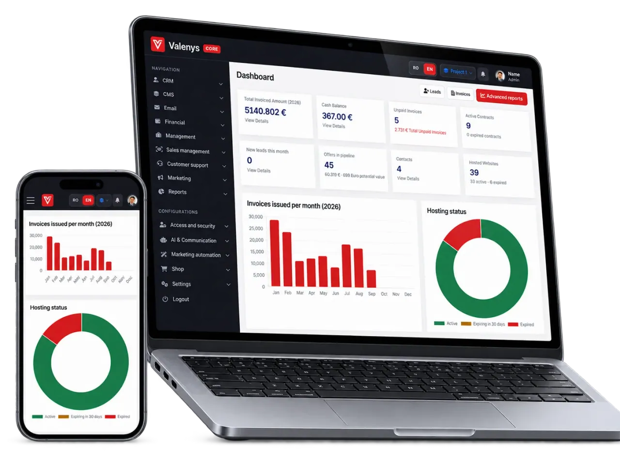 The Valenys Core dashboard on a laptop and a phone: invoicing, cash balance, contracts and hosting status. Figures shown are example data.